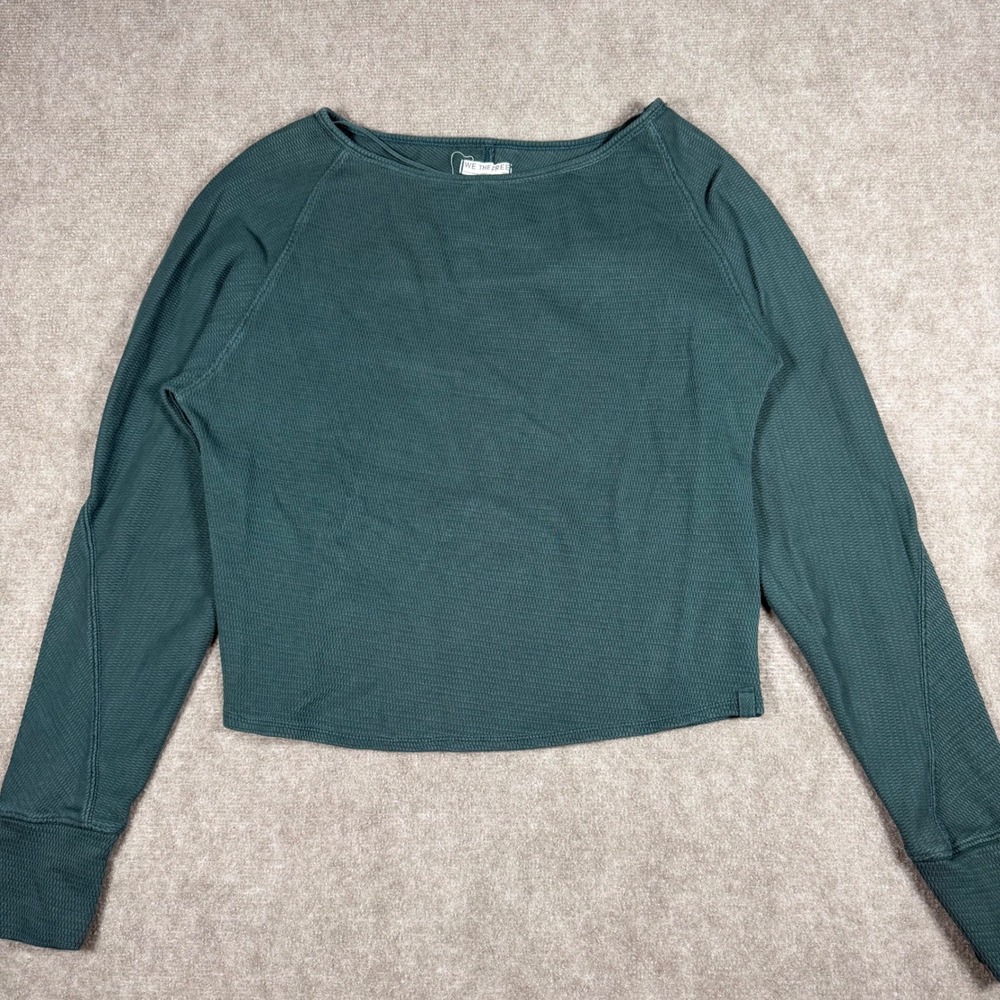 Free People  Jess Long Sleeve Womens Size Medium Green Off Shoulder Thermal Boho
